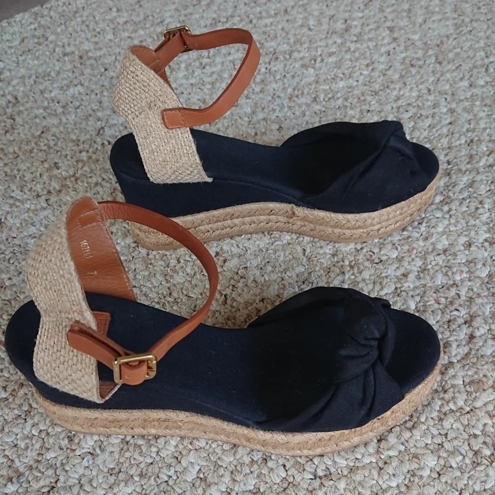 TORY BURCH Knotted Bow Wedge Espadrille Platform Sandal Black/NAVY/ Tan SIZE 6.5